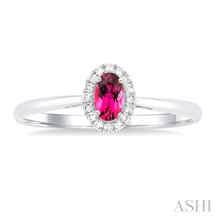 5x3 MM Oval Shape Pink Tourmaline and 1/20 Ctw Single Cut Diamond Halo Semi-Precious Ring in 14K White Gold
