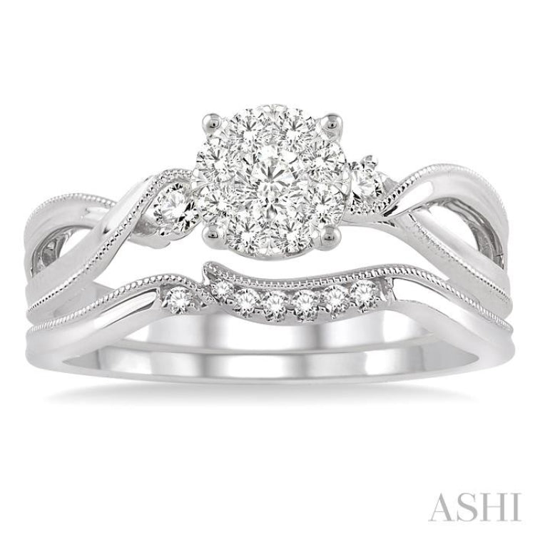 1/3 ctw Diamond Lovebright Wedding Set with 1/3 ctw Round Cut Engagement Ring and 1/20 ctw Wedding Band in 14K White Gold