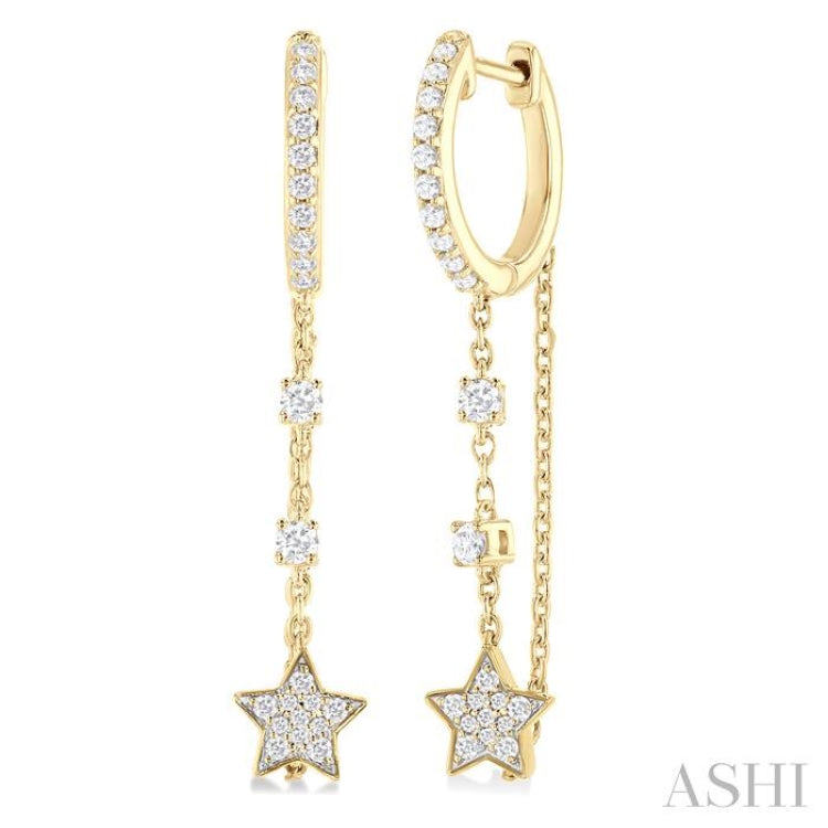 1/3 ctw Star Round Cut Diamond Chain Dangler Hoop Earring in 10K Yellow Gold