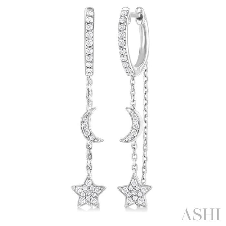 1/3 ctw Crescent Moon & Star Round Cut Diamond Chain Dangler Hoop Earring in 10K White Gold