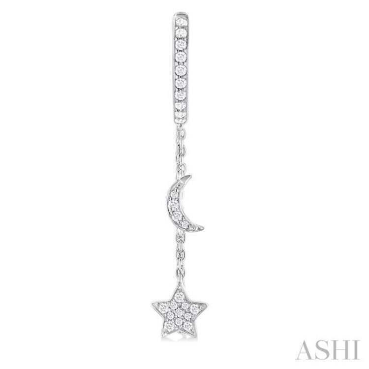 1/3 ctw Crescent Moon & Star Round Cut Diamond Chain Dangler Hoop Earring in 10K White Gold