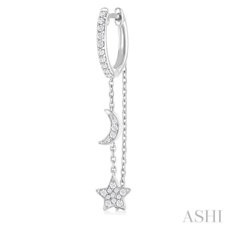 1/3 ctw Crescent Moon & Star Round Cut Diamond Chain Dangler Hoop Earring in 10K White Gold