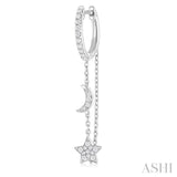 1/3 ctw Crescent Moon & Star Round Cut Diamond Chain Dangler Hoop Earring in 10K White Gold