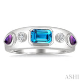 6x4 MM Octagon Shape Blue Topaz & 5x3 MM Pear Shape Amethyst and 1/20 Ctw Round Cut Diamond Semi-Precious Ring in Sterling Silver
