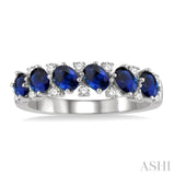 4X3 MM Oval Shape Sapphire and 1/5 Ctw Round Cut Diamond Precious Band in 14K White Gold