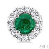 3.25 MM Round Emerald and 1/10 Ctw Round Cut Diamond Halo Precious Stud Earrings in 14K White Gold
