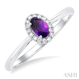 5x3 MM Oval Shape Amethyst and 1/20 Ctw Single Cut Diamond Halo Semi-Precious Ring in 14K White Gold