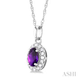 5x3 MM Oval Shape Amethyst and 1/20 Ctw Round Cut Diamond Halo Semi-Precious Pendant with Chain in 14K White Gold