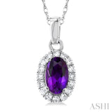 5x3 MM Oval Shape Amethyst and 1/20 Ctw Round Cut Diamond Halo Semi-Precious Pendant with Chain in 14K White Gold
