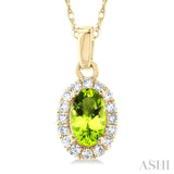 5x3 MM Oval Shape Peridot and 1/20 Ctw Round Cut Diamond Halo Semi-Precious Pendant with Chain in 10K Yellow Gold