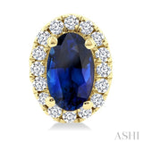 5x3 MM Oval Shape Sapphire and 1/8 Ctw Round Cut Diamond Halo Precious Stud Earrings in 14K Yellow Gold