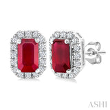 5x3 MM Octagonal Shape Ruby and 1/8 Ctw Round Cut Diamond Halo Precious Stud Earrings in 10K White Gold