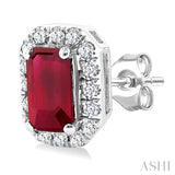 5x3 MM Octagonal Shape Ruby and 1/8 Ctw Round Cut Diamond Halo Precious Stud Earrings in 10K White Gold