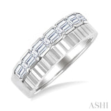 1 Ctw Pyramid Accents and Bezel Set Emerald Cut Diamond Bold Gold Fashion Wide Band in 14K White Gold