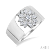 5/8 Ctw Mixed Cut Diamond Floral Centerpiece Bold Gold Wide Band in 14K White Gold