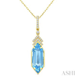 16X6 MM Evoque Gemstones Hexagon Shape Blue Topaz and 1/10 Ctw Round Cut Diamond Semi-Precious Pendant With Chain in 10K Yellow Gold