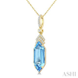 16X6 MM Evoque Gemstones Hexagon Shape Blue Topaz and 1/10 Ctw Round Cut Diamond Semi-Precious Pendant With Chain in 10K Yellow Gold