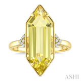 22X8 MM Hexagon Shape Lemon Quartz and 1/20 Ctw Round Cut Diamond Semi-Precious Ring in 14K Yellow Gold