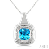 8 MM Cushion Shape Blue Topaz and 1/20 Ctw Round Cut Diamond Semi-Precious Pendant With Chain in Sterling Silver
