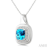 8 MM Cushion Shape Blue Topaz and 1/20 Ctw Round Cut Diamond Semi-Precious Pendant With Chain in Sterling Silver