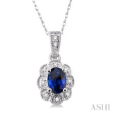 6x4 MM Oval Cut Sapphire and 1/20 Ctw Single Cut Diamond Pendant in 10K White Gold with Chain