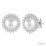 7x7 MM Cultured Pearls and 1/4 Ctw Round Cut Diamond Earrings in 14K White Gold