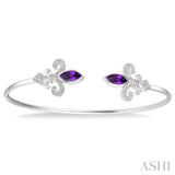 Silver Fleur De Lis Gemstone Diamond Flexi Open Cuff Bangle