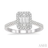 3/8 ctw Emerald Shape fusion Baguette and Round Cut Diamond Ring in 14K White Gold