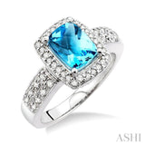 8x6 MM Cushion Shape Blue Topaz and 1/3 Ctw Round Cut Diamond Ring in 14K White Gold