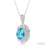 1/10 Ctw Oval Cut 8x6 MM Blue Topaz & Round Cut Diamond Semi Precious Pendant With Chain in 10K White Gold