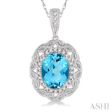 1/10 Ctw Oval Cut 8x6 MM Blue Topaz & Round Cut Diamond Semi Precious Pendant With Chain in 10K White Gold