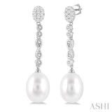 11x8.5 MM Cultured Pearls and 1/4 ctw Round Cut Diamond Drop Hanging Lovebright Earrings in 14K White Gold