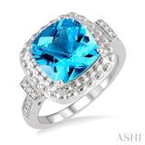 1/50 ctw Round Cut Diamond & 10x10 MM Cushion Shape Blue Topaz Semi Precious Ring in Sterling Silver