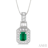 6x4 MM Emerald Shape Emerald and 1/4 ctw Round and Baguette Cut Diamond Pendant in 14K White Gold with Chain