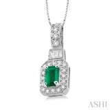 6x4 MM Emerald Shape Emerald and 1/4 ctw Round and Baguette Cut Diamond Pendant in 14K White Gold with Chain