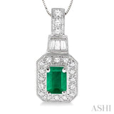 6x4 MM Emerald Shape Emerald and 1/4 ctw Round and Baguette Cut Diamond Pendant in 14K White Gold with Chain