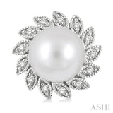 6x6 MM Round Shape Cultured Pearls and 1/10 Ctw Sunflower Round Cut Diamond Earrings in 10K White Gold
