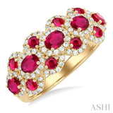 4X3 MM Oval Shape & 2.2 MM and 1/2 ctw Round Cut Ruby and Round Cut Diamond Scalloped Edge Precious Ring in 14K Yellow Gold