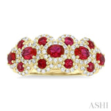 4X3 MM Oval Shape & 2.2 MM and 1/2 ctw Round Cut Ruby and Round Cut Diamond Scalloped Edge Precious Ring in 14K Yellow Gold