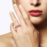 4X3 MM Oval Shape & 2.2 MM and 1/2 ctw Round Cut Ruby and Round Cut Diamond Scalloped Edge Precious Ring in 14K Yellow Gold