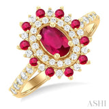 6X4 MM Oval Shape & 1.5 MM Round Cut Ruby and 3/8 ctw Round Cut Diamond Floral Precious Ring in 14K Yellow Gold