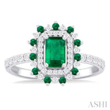 6X4 MM Emerald Shape & 1.5 MM Round Cut Ruby and 1/3 ctw Round Cut Diamond Floral Precious Ring in 14K White Gold