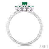 6X4 MM Emerald Shape & 1.5 MM Round Cut Ruby and 1/3 ctw Round Cut Diamond Floral Precious Ring in 14K White Gold