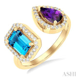 7X5 MM Emerald Cut Blue Topaz & Pear Cut Amethyst and 1/5 ctw Toi Et Moi Round Cut Diamond Halo Open Fashion Ring in 14K Yellow Gold