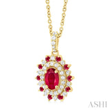 6X4 MM Oval Cut & 1.55 MM Round Cut Ruby and 1/4 ctw Round Cut Diamond Floral Precious Pendant With Chain in 14K Yellow Gold