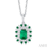 6X4 MM Emerald Cut & 1.55 MM Round Cut Emerald and 1/5 ctw Round Cut Diamond Floral Precious Pendant With Chain in 14K White Gold