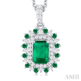 1/5 ctw Floral 6X4 MM Emerald & 1.55 MM Round Cut Emerald and Round Cut Diamond Precious Pendant With Chain in 14K White Gold