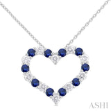 2.3 MM Round Cut Sapphire and 1/2 ctw Open Heart Round Cut Diamond Precious Fashion Pendant With Chain in 14K White Gold