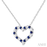 1.4 MM Round Cut Sapphire and 1/8 ctw Open Heart Round Cut Diamond Precious Fashion Pendant With Chain in 14K White Gold