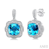 1/20 ctw Cushion Shape 8X8 MM Blue Topaz and Round Cut Diamond Semi Precious Earring in Sterling Silver